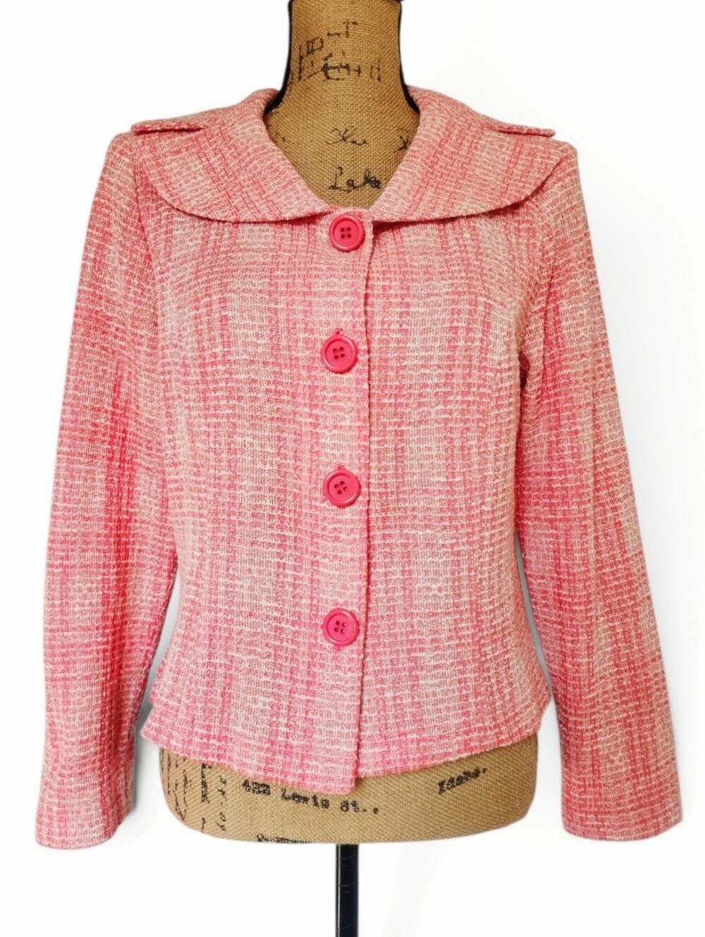 Samantha Lee Retro 60s-Inspired Pink Tweed Button-Front Mod Jacket, Size M